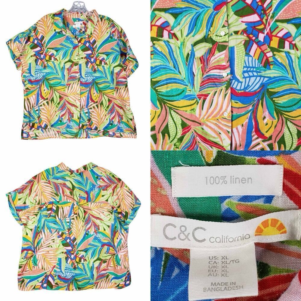 C&C California Shirt Size XL Button Down Tropical Linen Multicolor Women’s